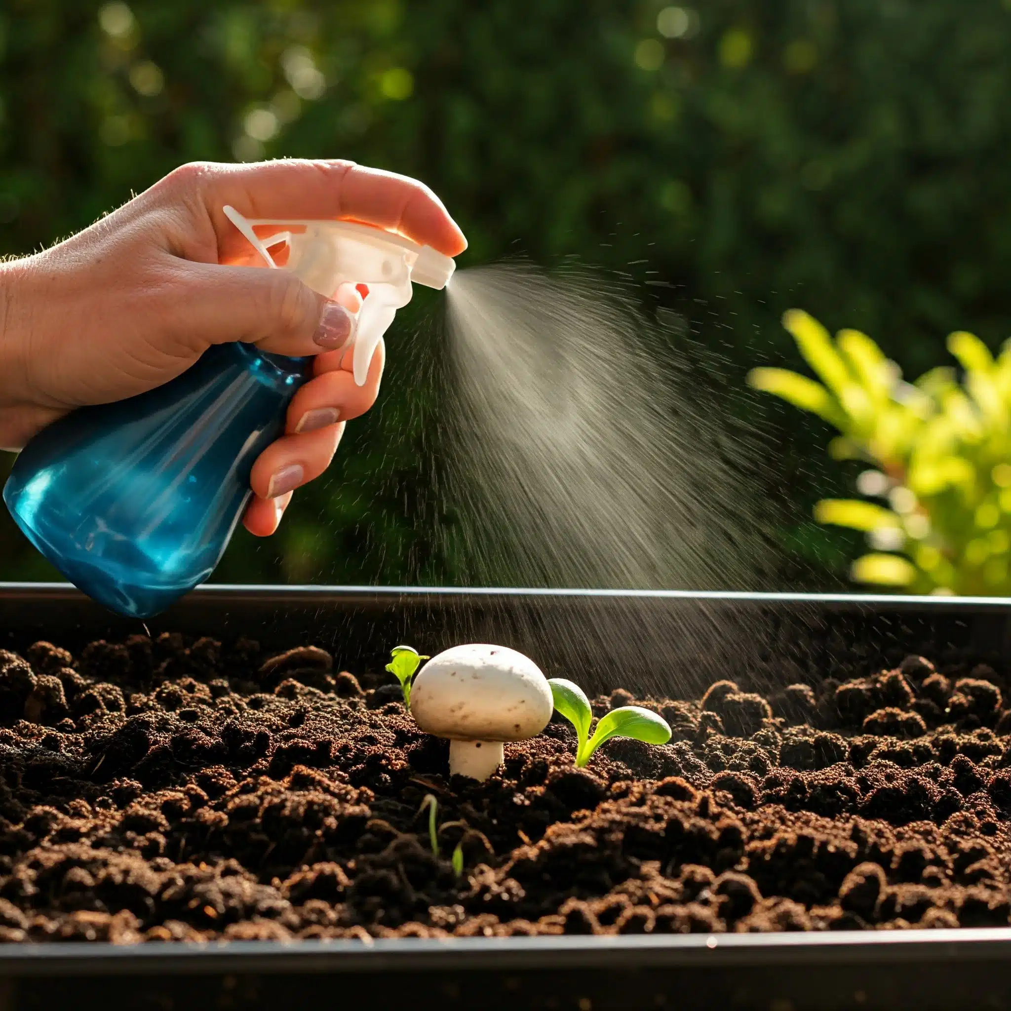 misting a potted plant with a spray bottle