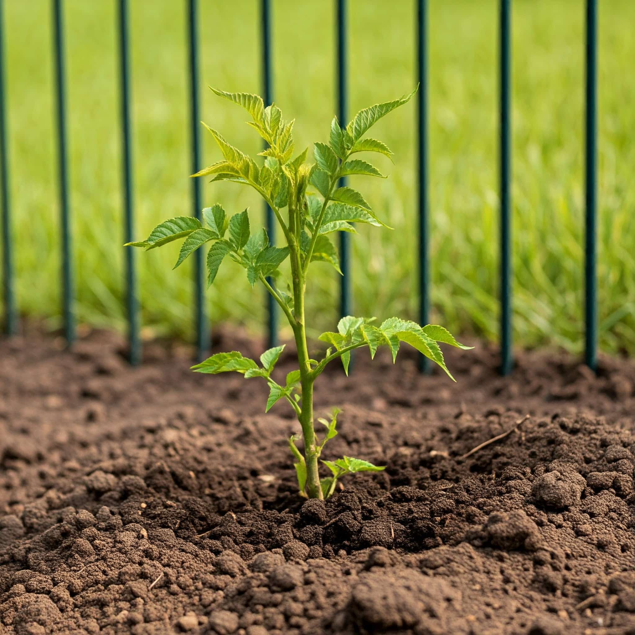 newly planted trumpet vine sapling