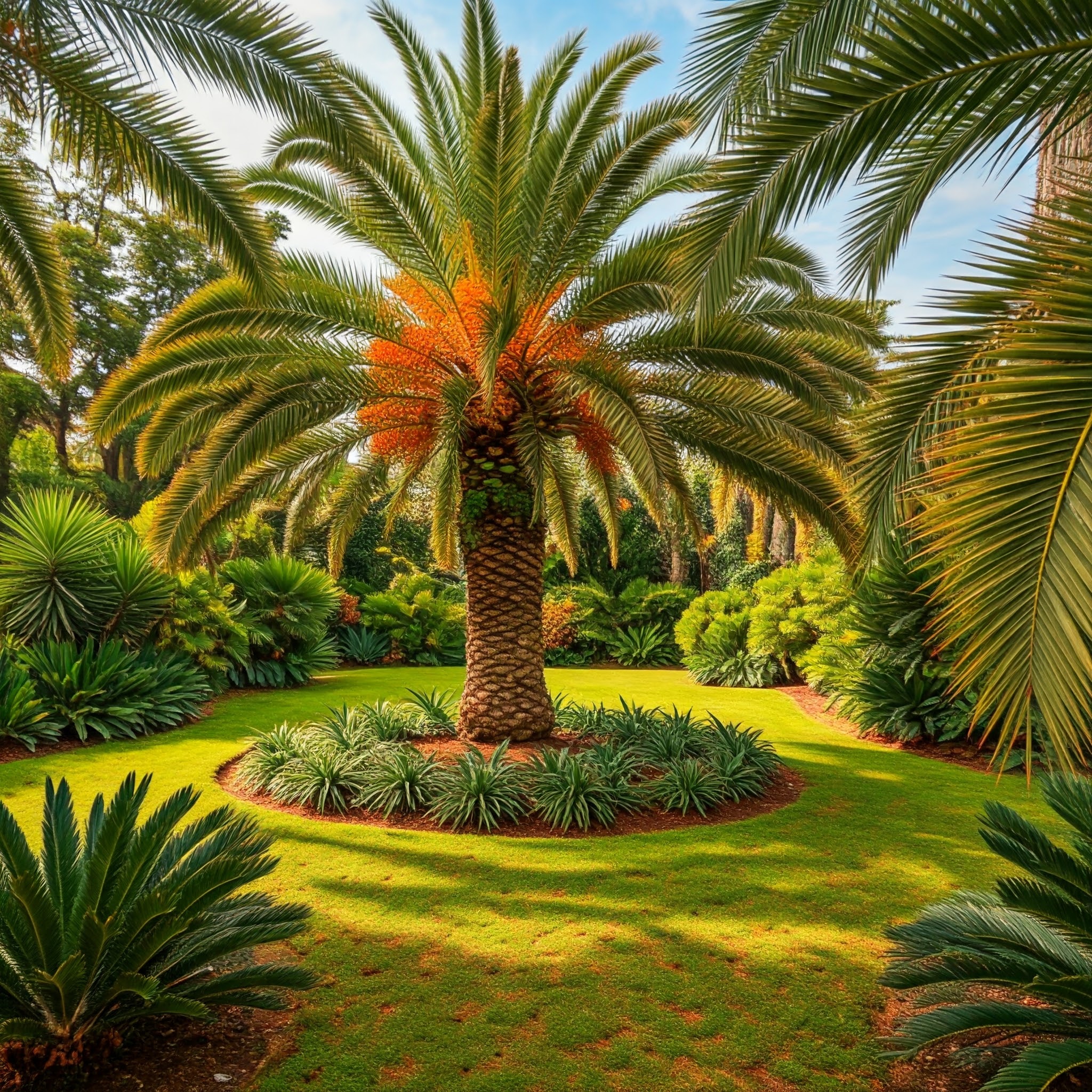 palm tree with cascading fronds and radiant orange seeds