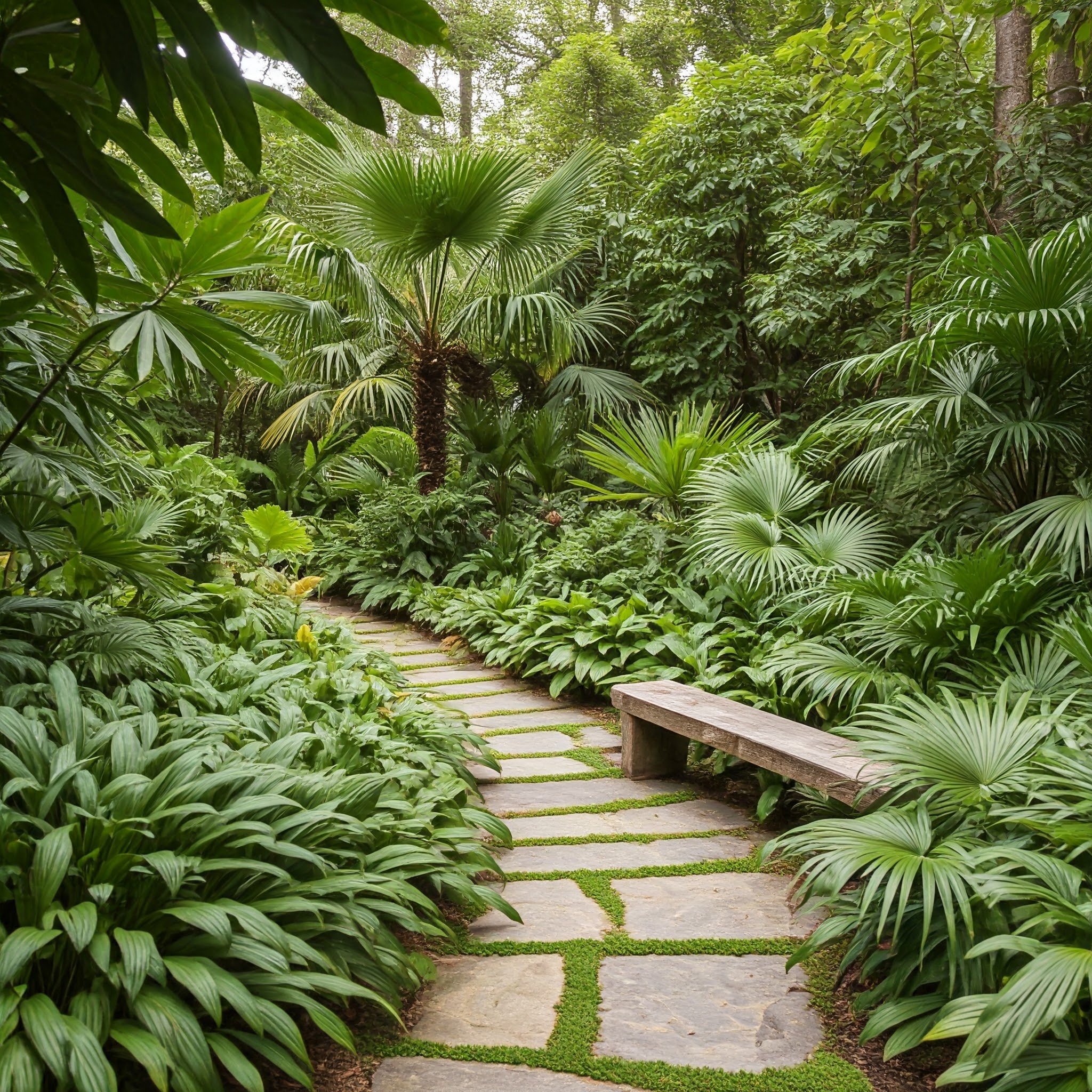 panoramic view of a lush, tropical-inspired Zone 6 garden