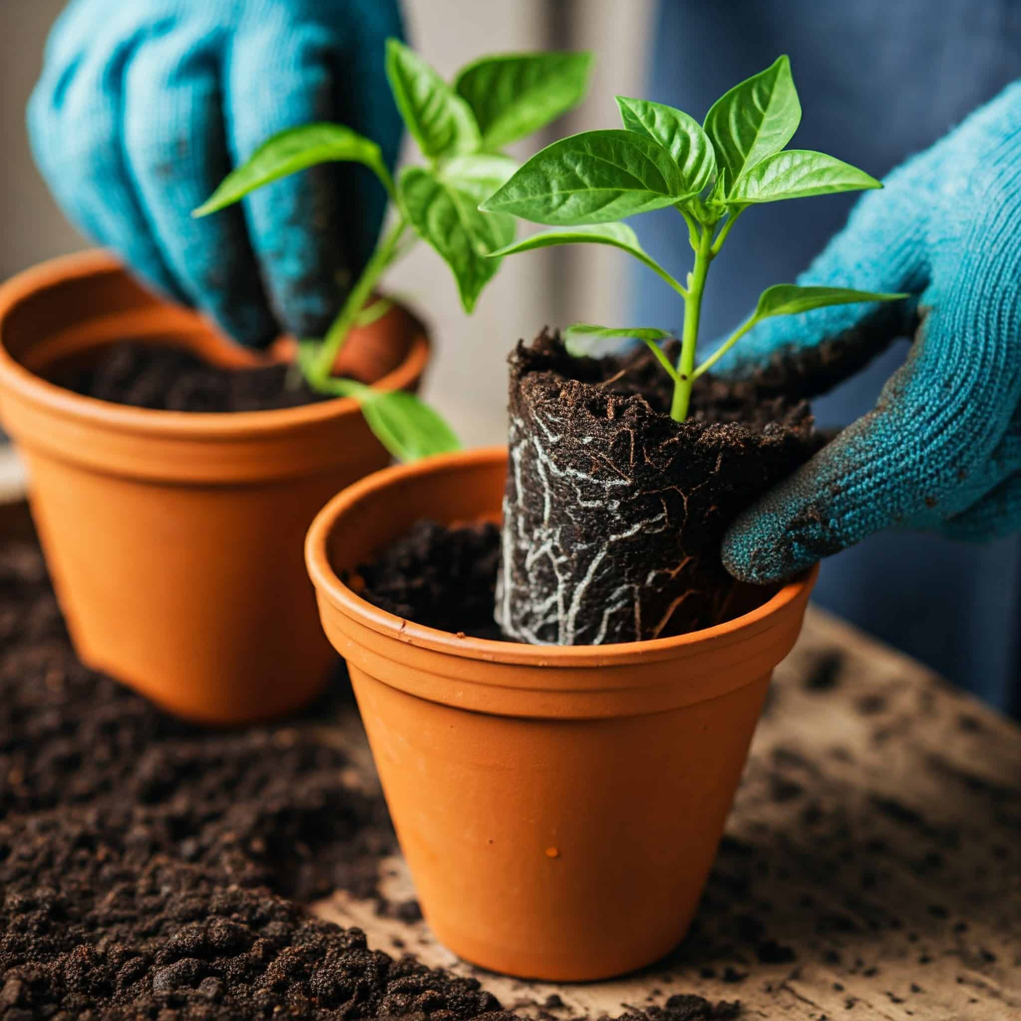 pepper seedlings being transplanted from small plastic pods