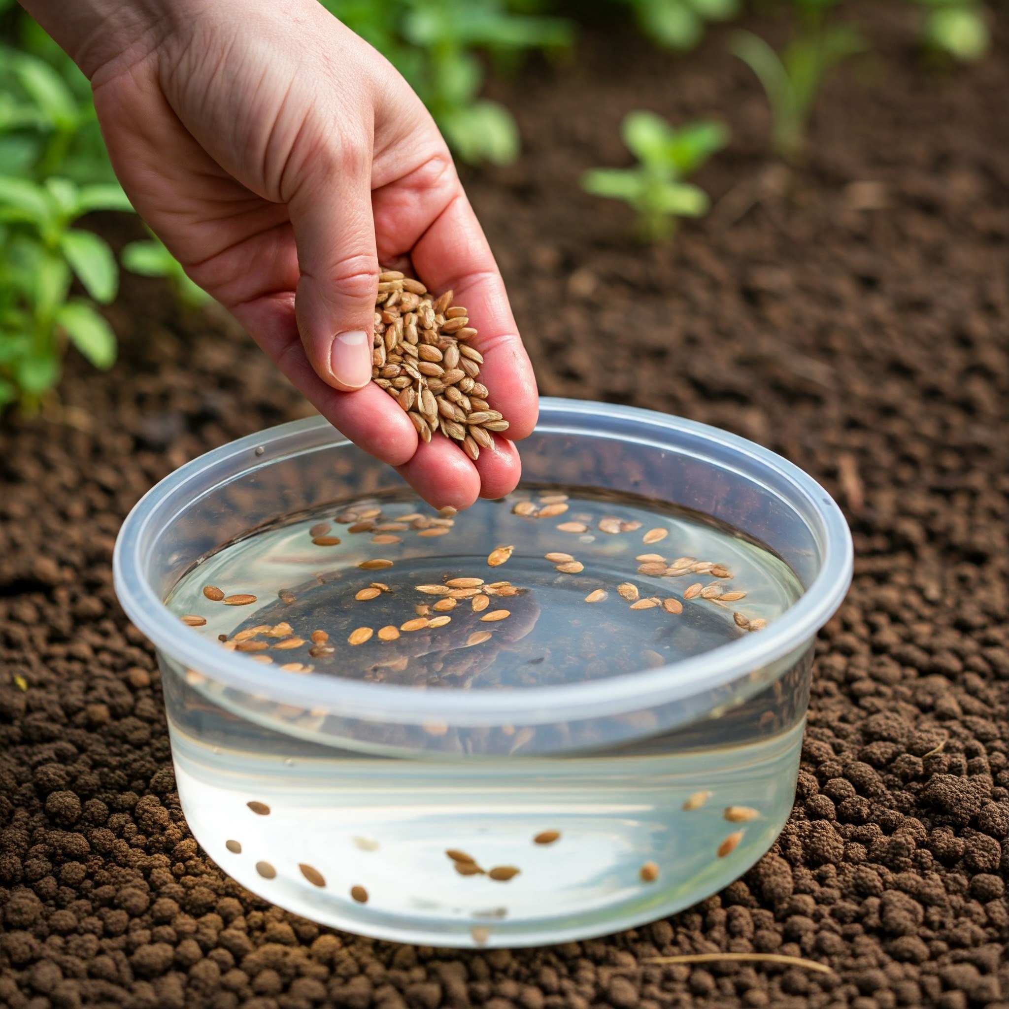 placing a selection of seeds into a container of water