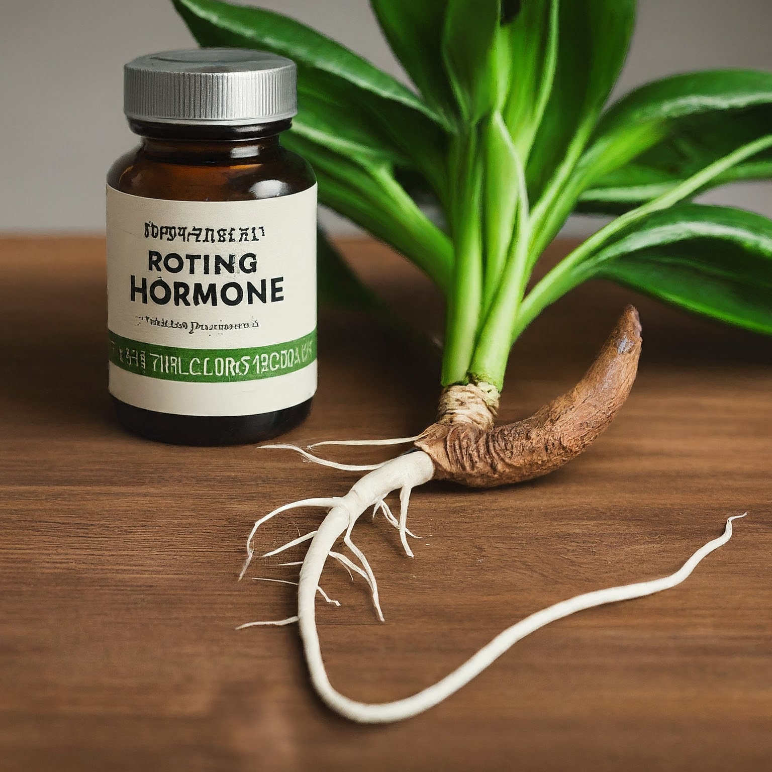 plant cuttings on a wooden table with rooting hormone