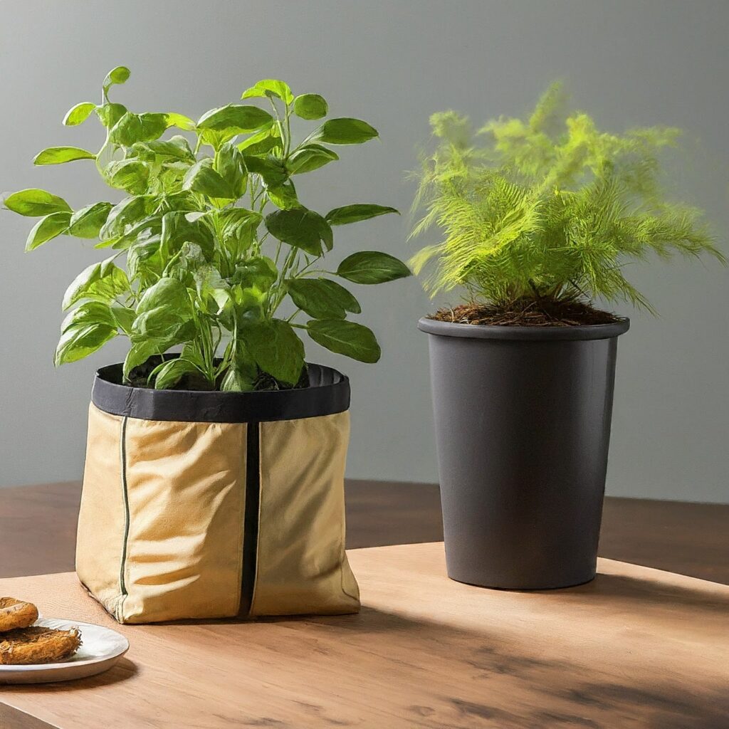 plant grow bag and a plastic pot