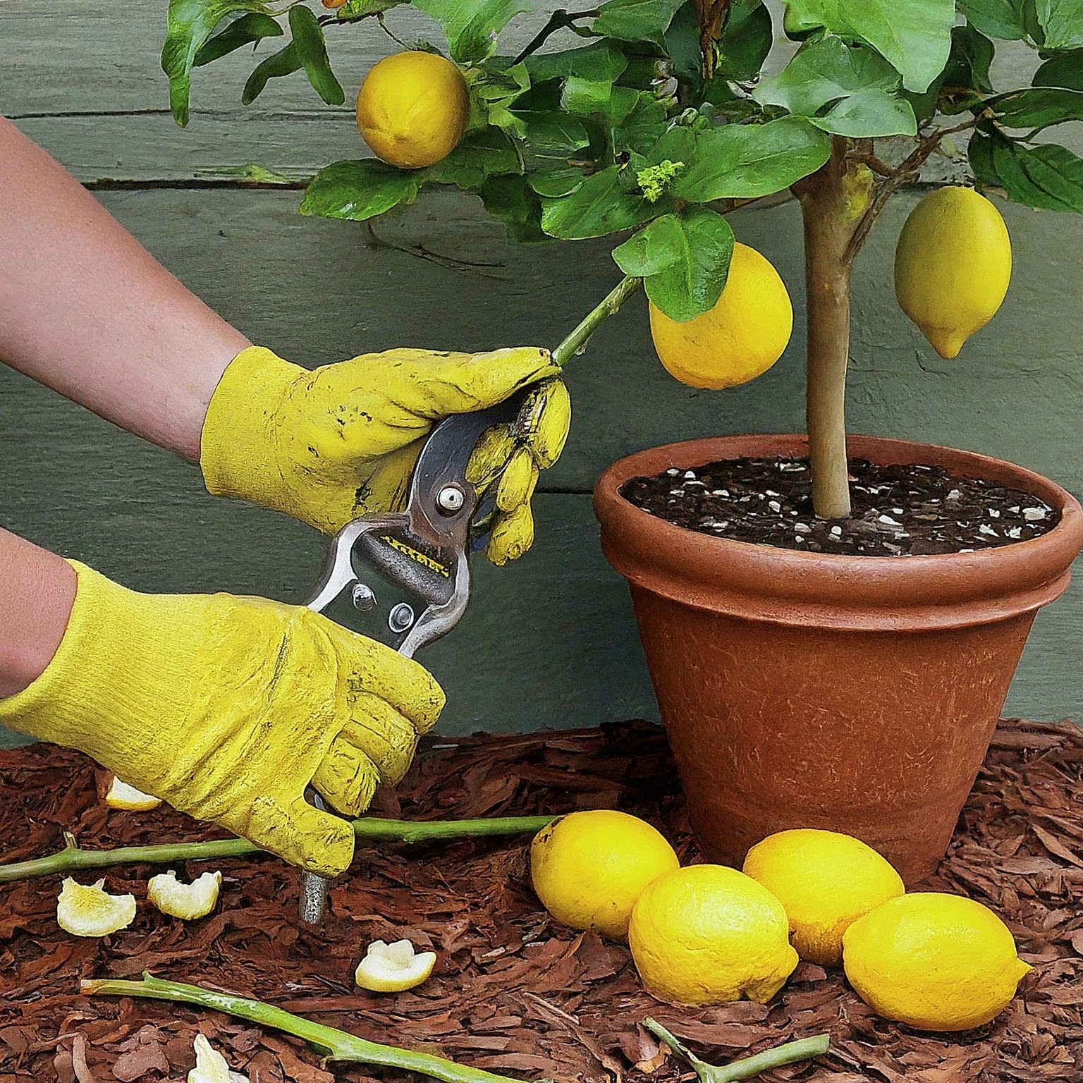 pruning a lemon tree in a pot