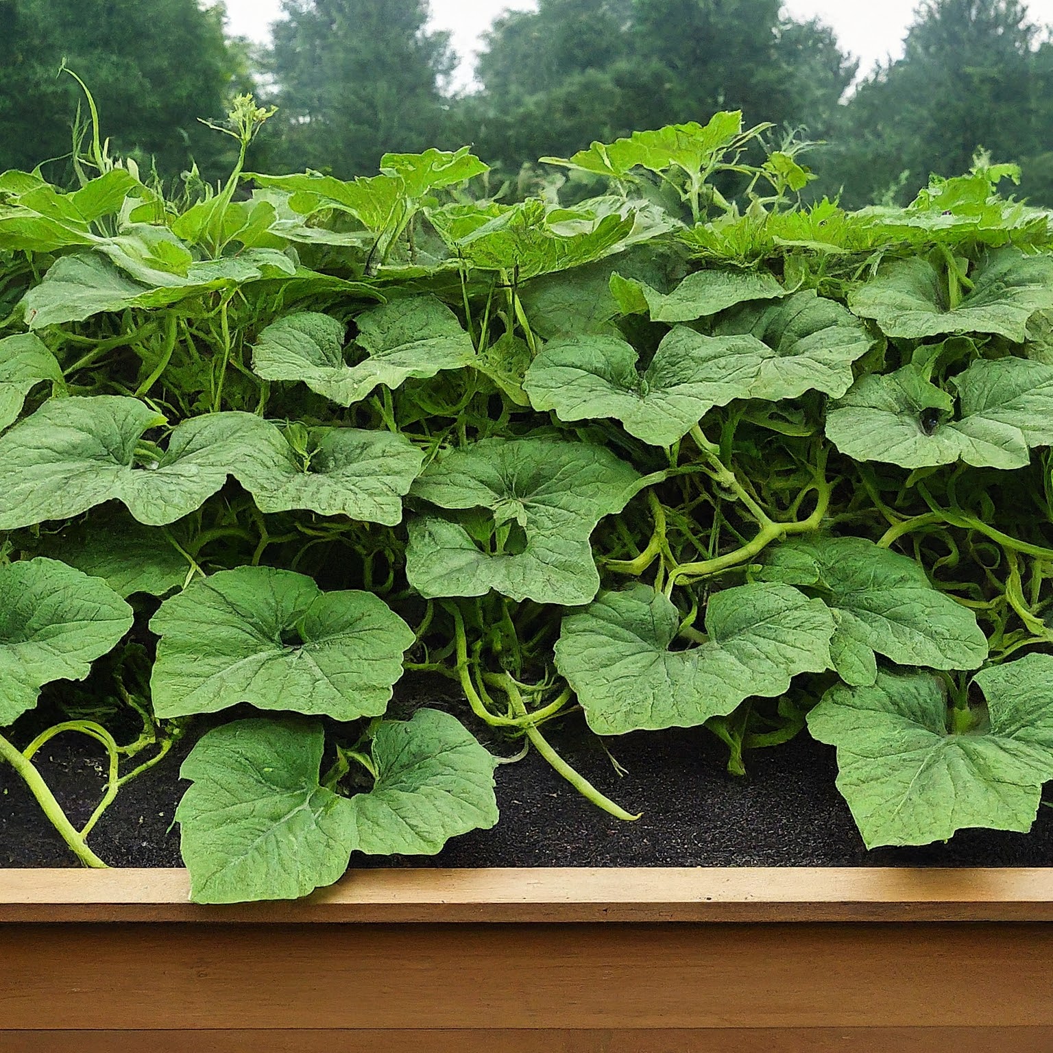 raised bed garden with pumpkin vines