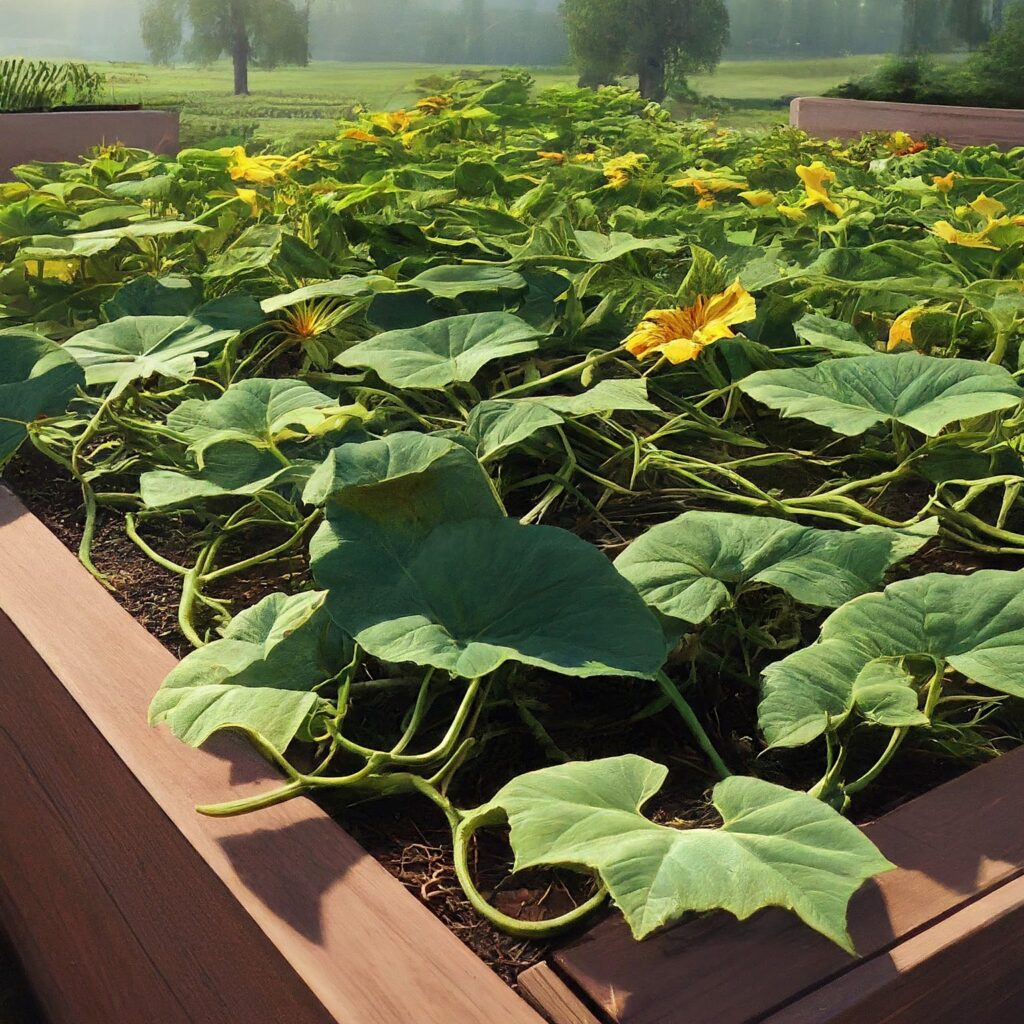 raised bed garden with rows of healthy pumpkin seedlings