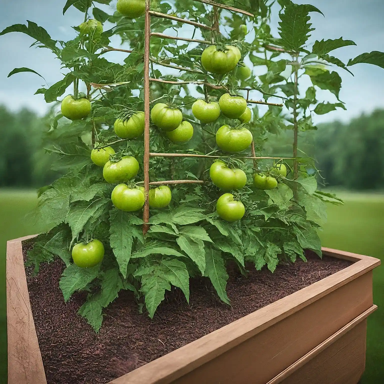 raised garden bed flourishing with tomato plants