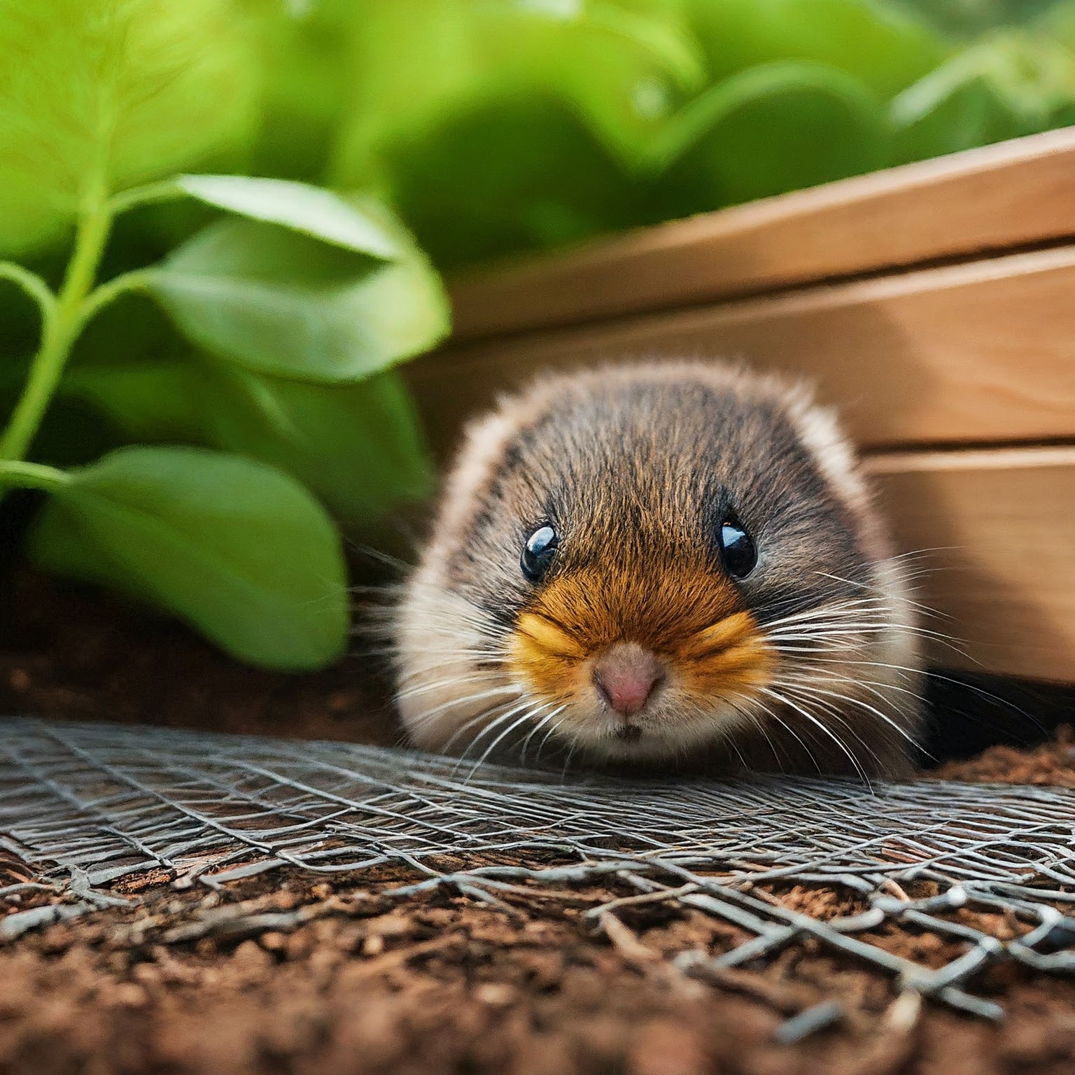 raised garden bed with a vole or gopher peeking out