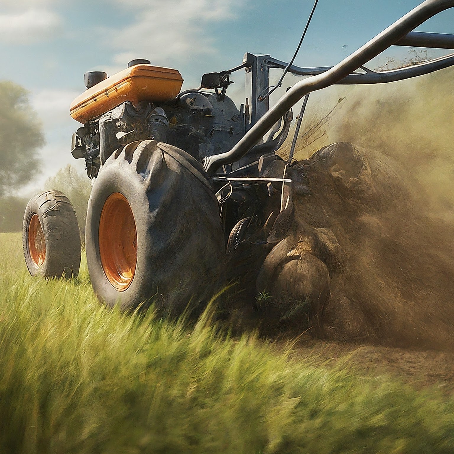 rear-tine tiller churning through grass