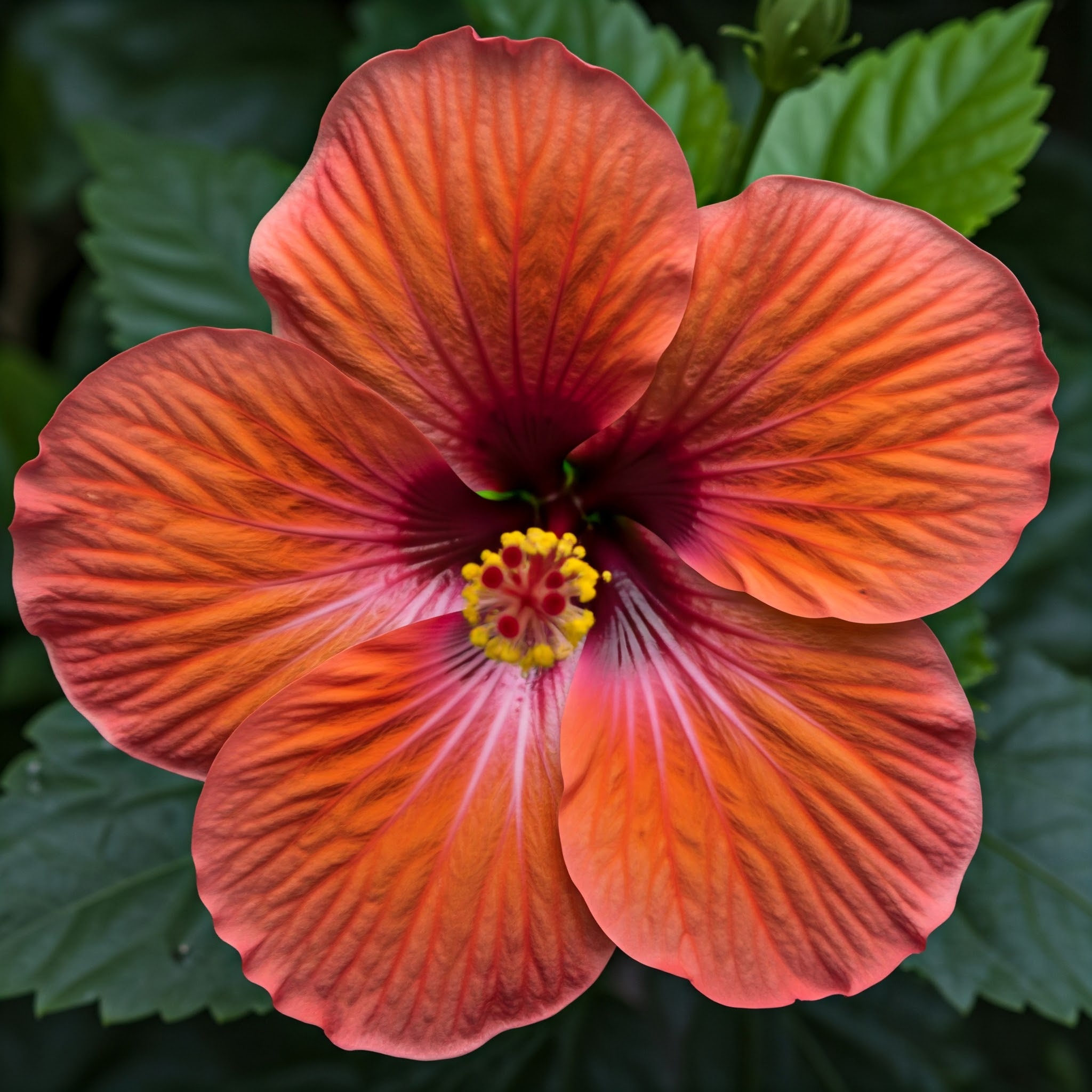 red petals and bold yellow centers of a tropical hibiscus plant