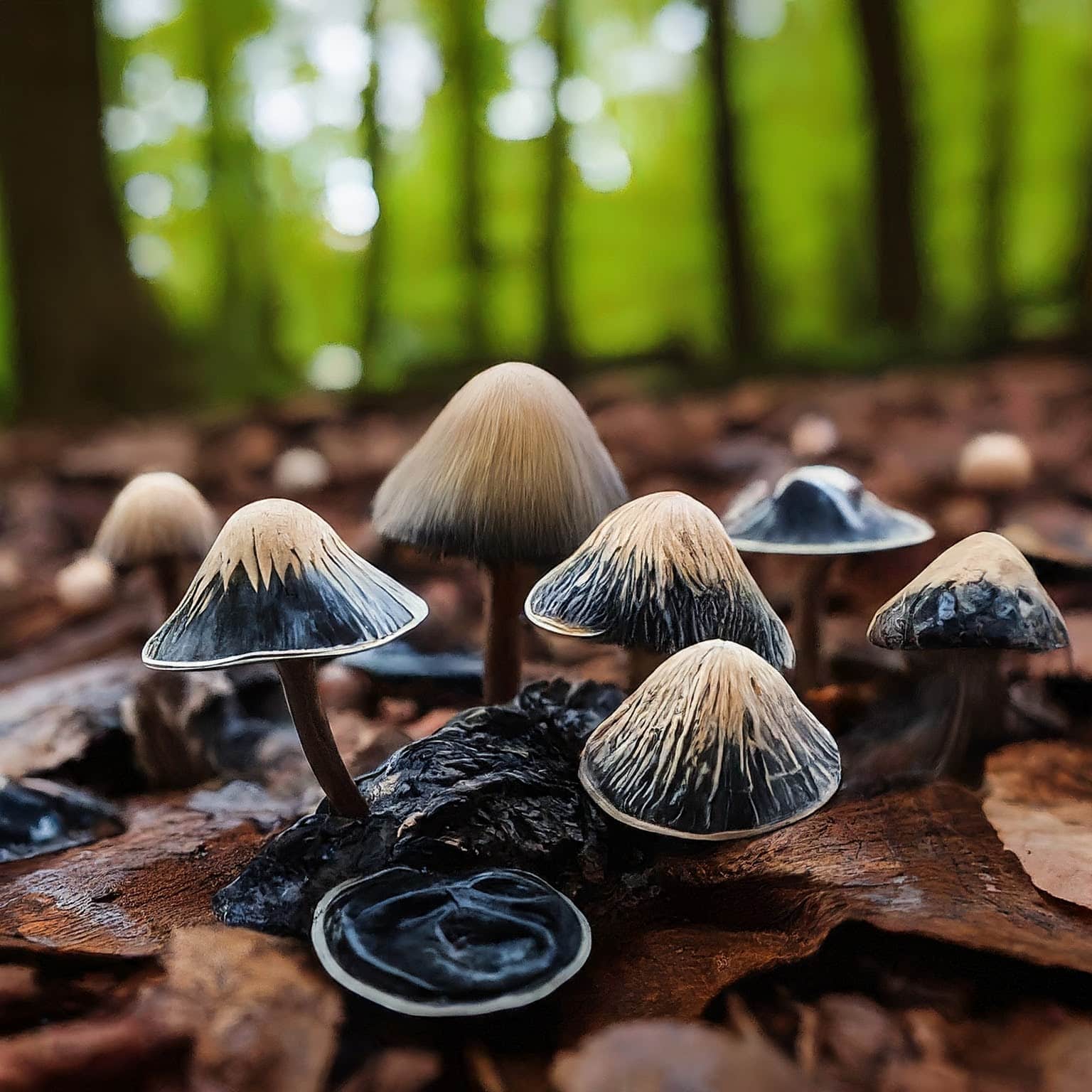 scattered clumps of inky cap mushrooms