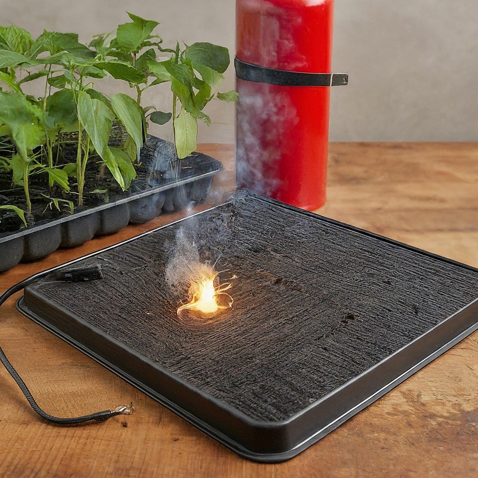 seedling heat mat with a frayed power cord