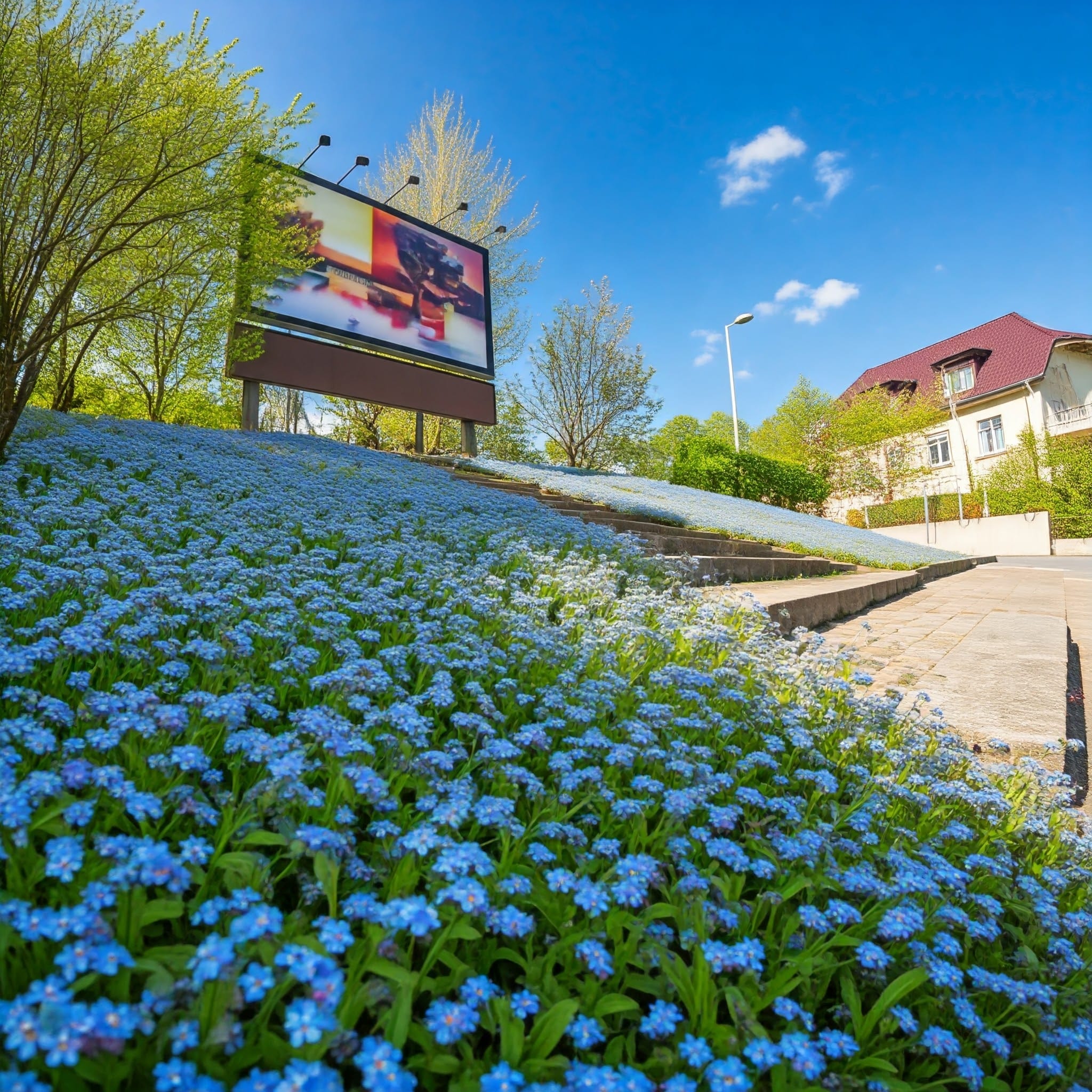 sloped flower bed covered with a carpet of blue forget-me-not flowers