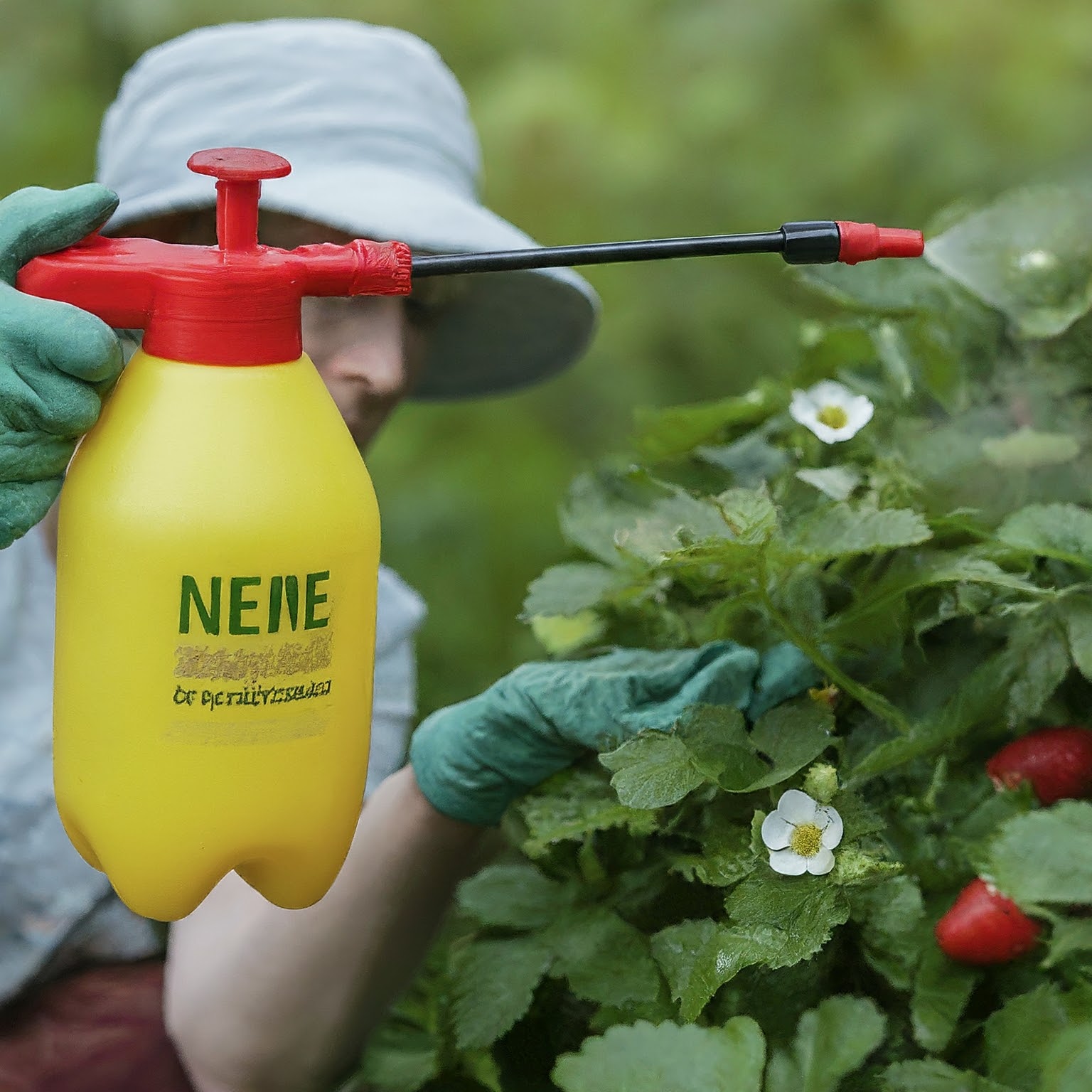 spraying a strawberry plant neem oil solution