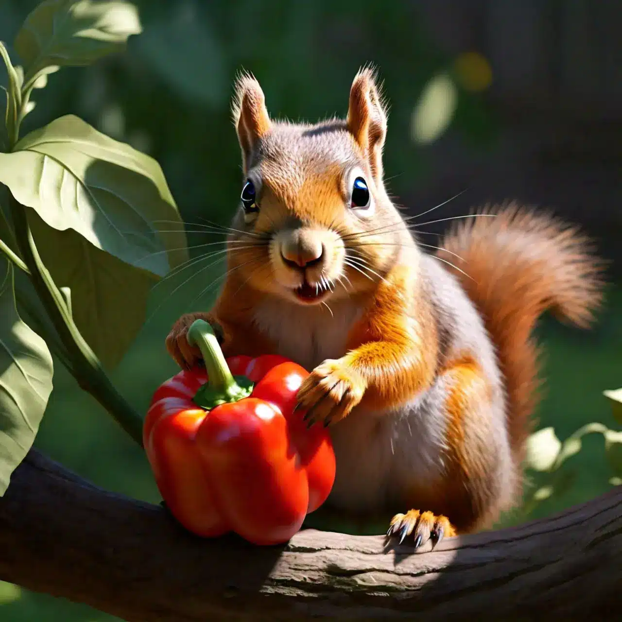 squirrel is holding a bright red bell pepper