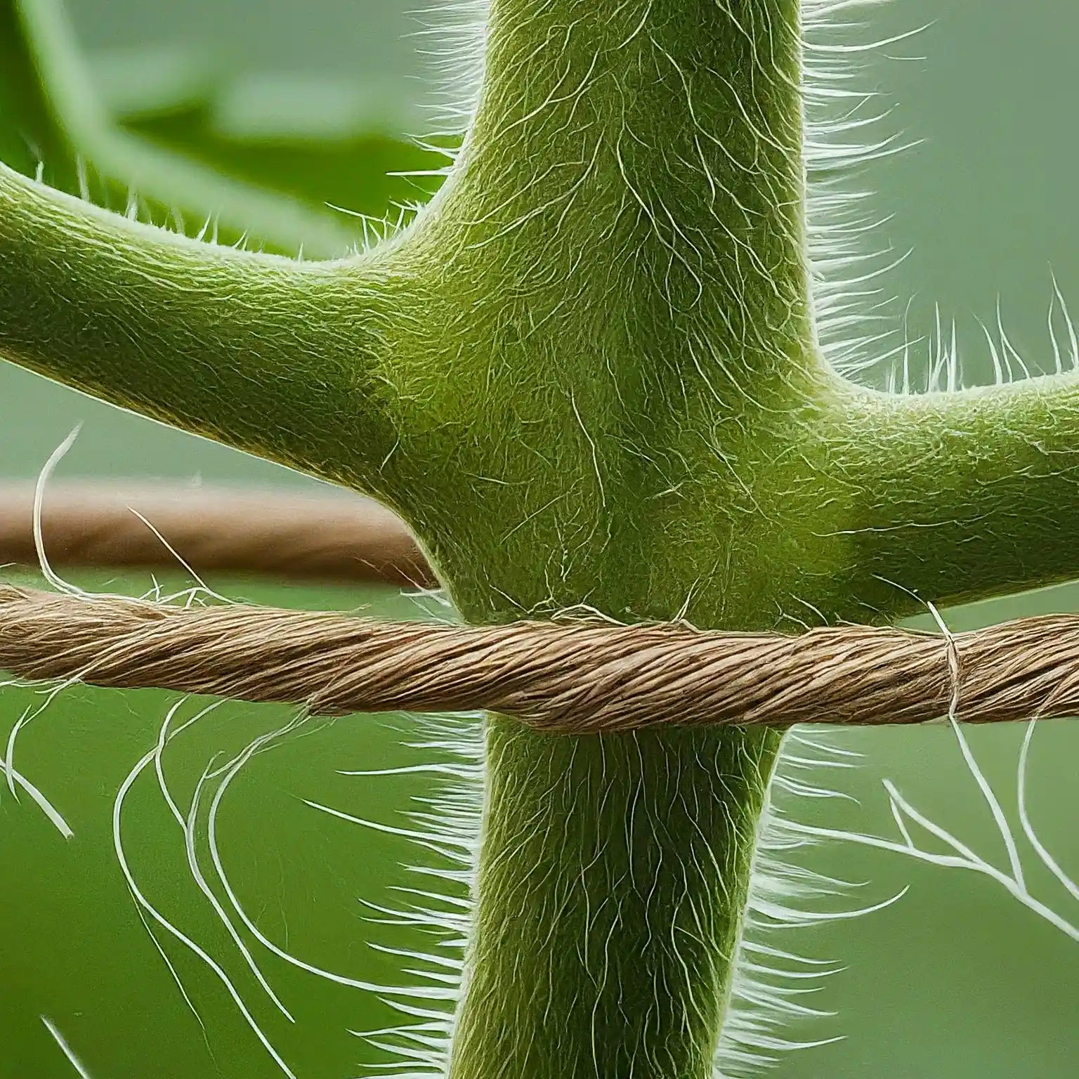 tomato plant stem gently wrapped with a length of twine