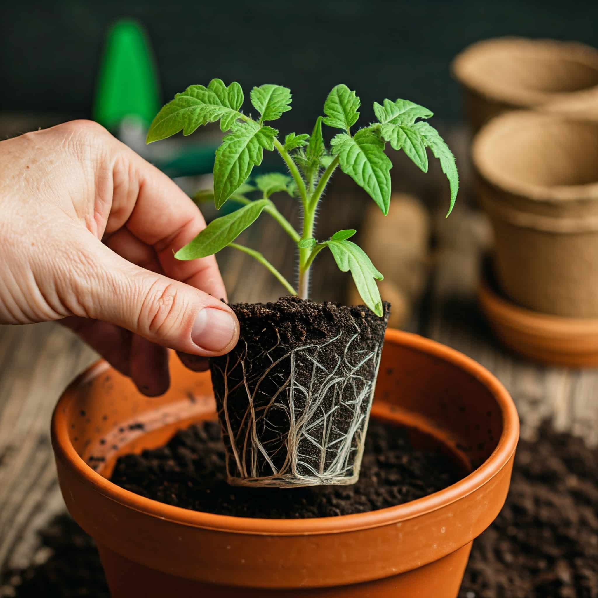 transplanting a young tomato seedling from a small pot into a larger container