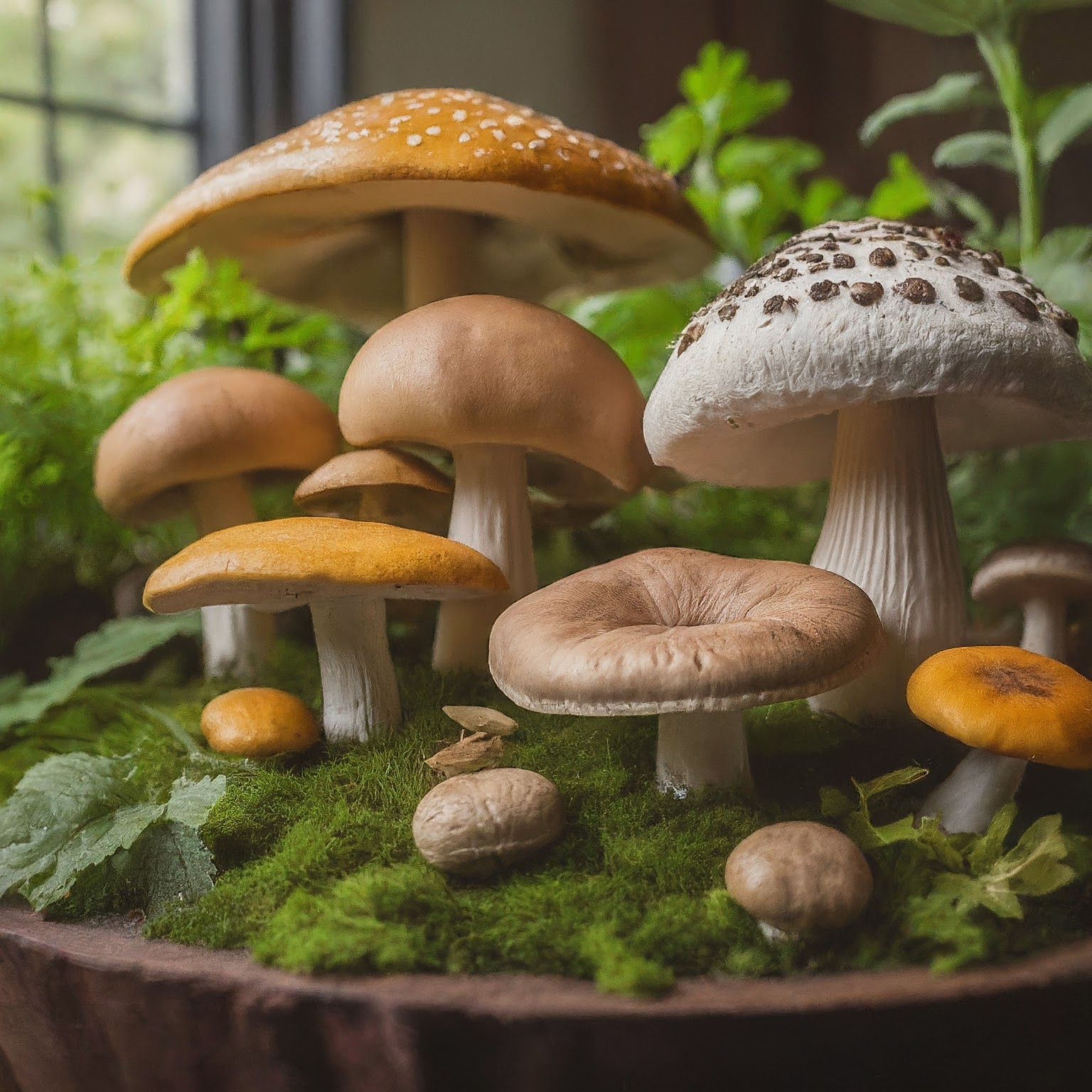 variety of mushrooms growing in a herb garden