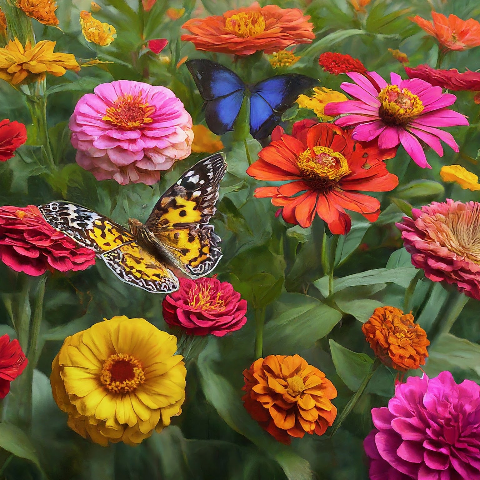 vibrant flower bed overflowing zinnias