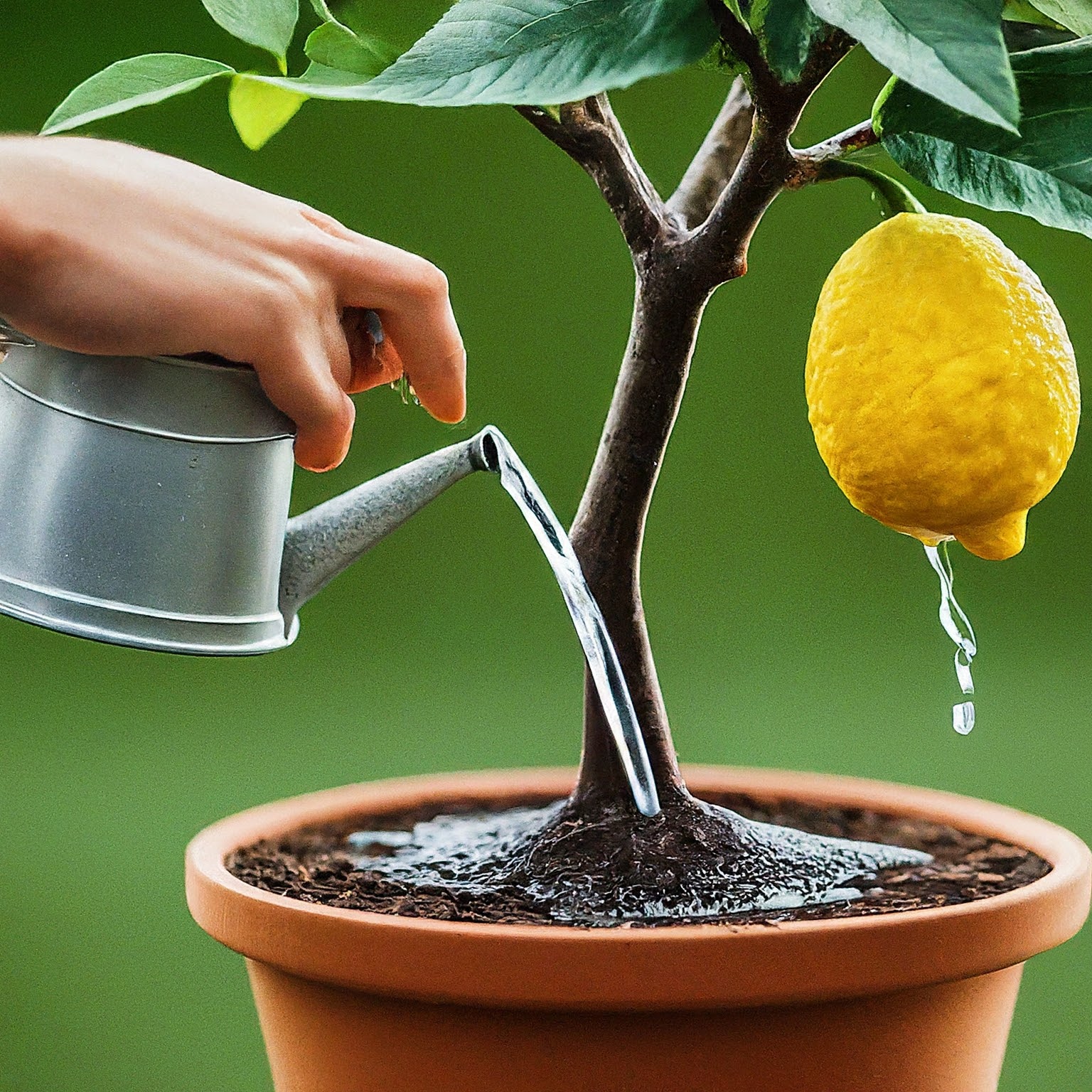 watering a lemon tree in a pot