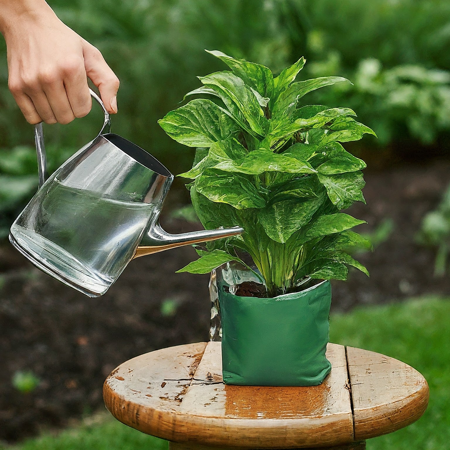 watering a plant in a grow bag