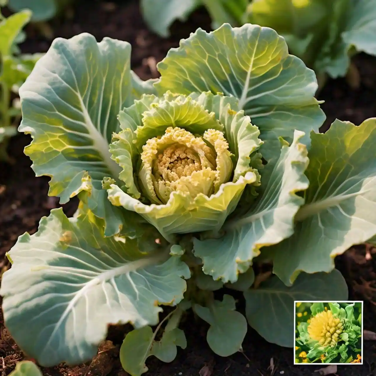 weed resembling cabbage growing in a garden bed