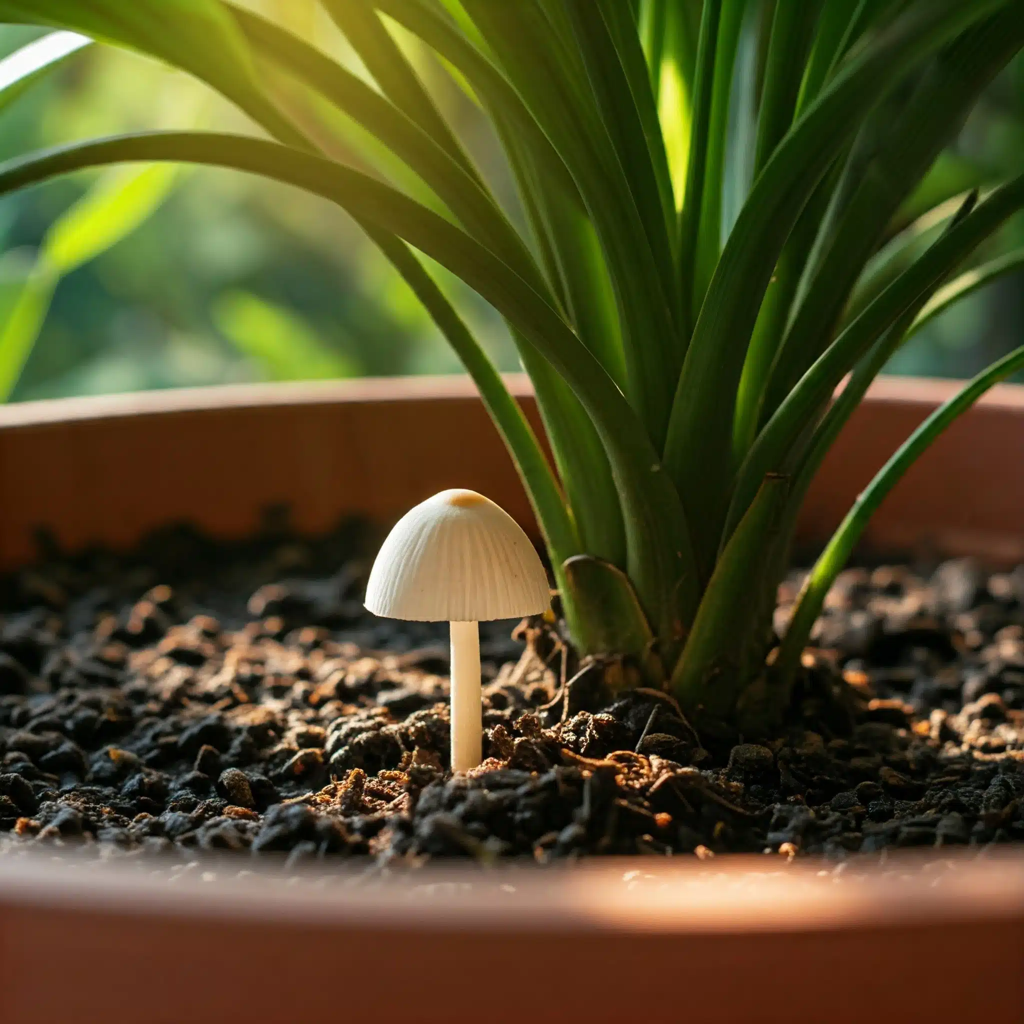 white mushroom growing from the base of a potted houseplant