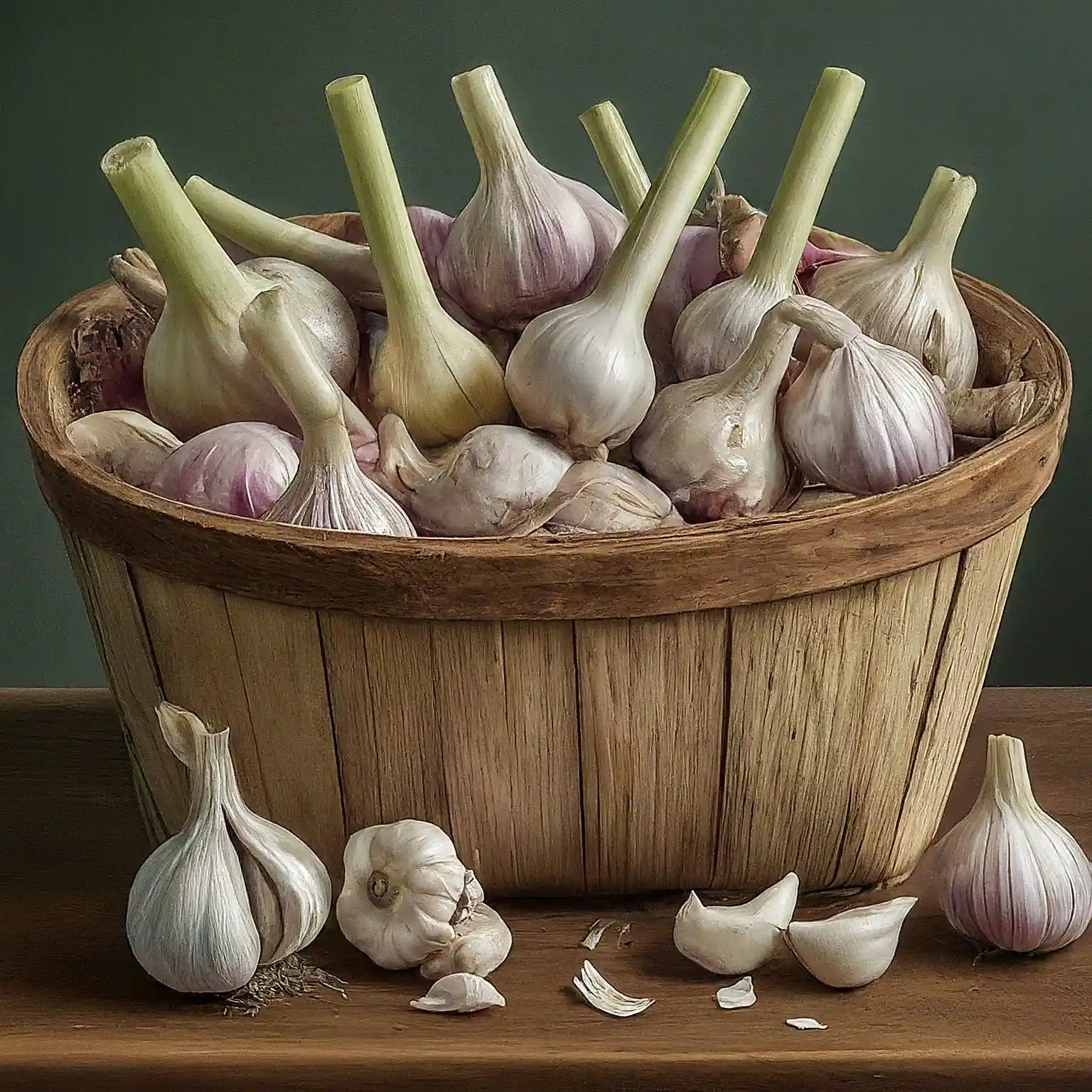 wooden basket overflowing garlic bulbs