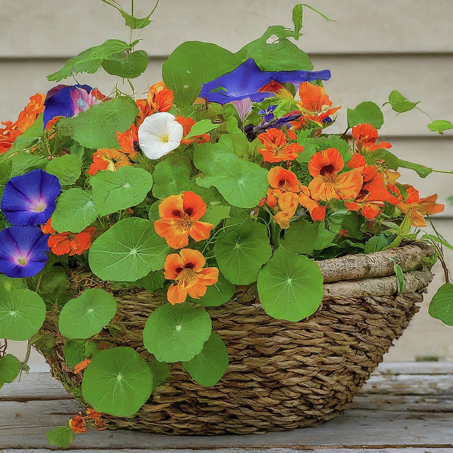 woven basket flat overflowing with brightly colored annuals