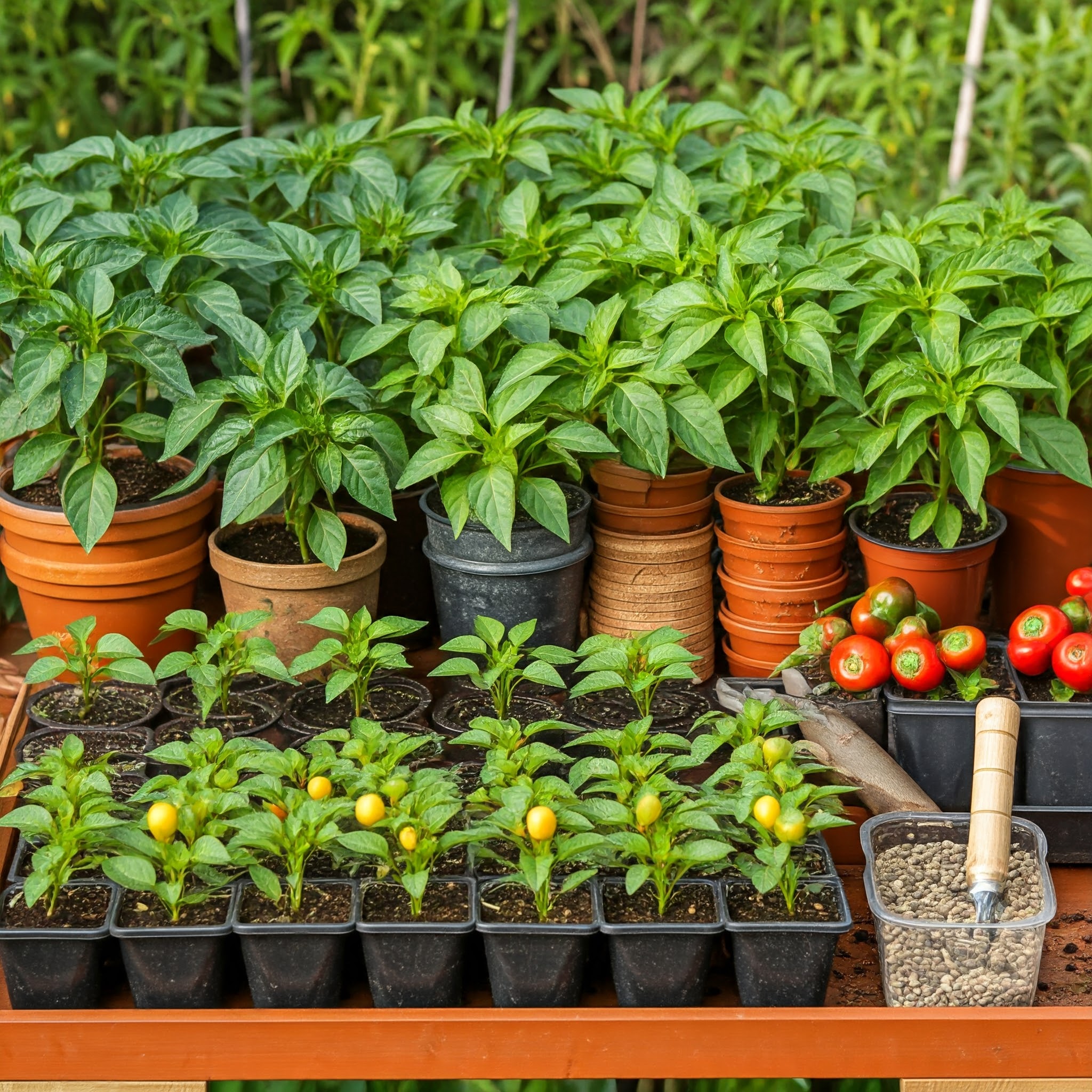 yellow, green and red pepper seedlings