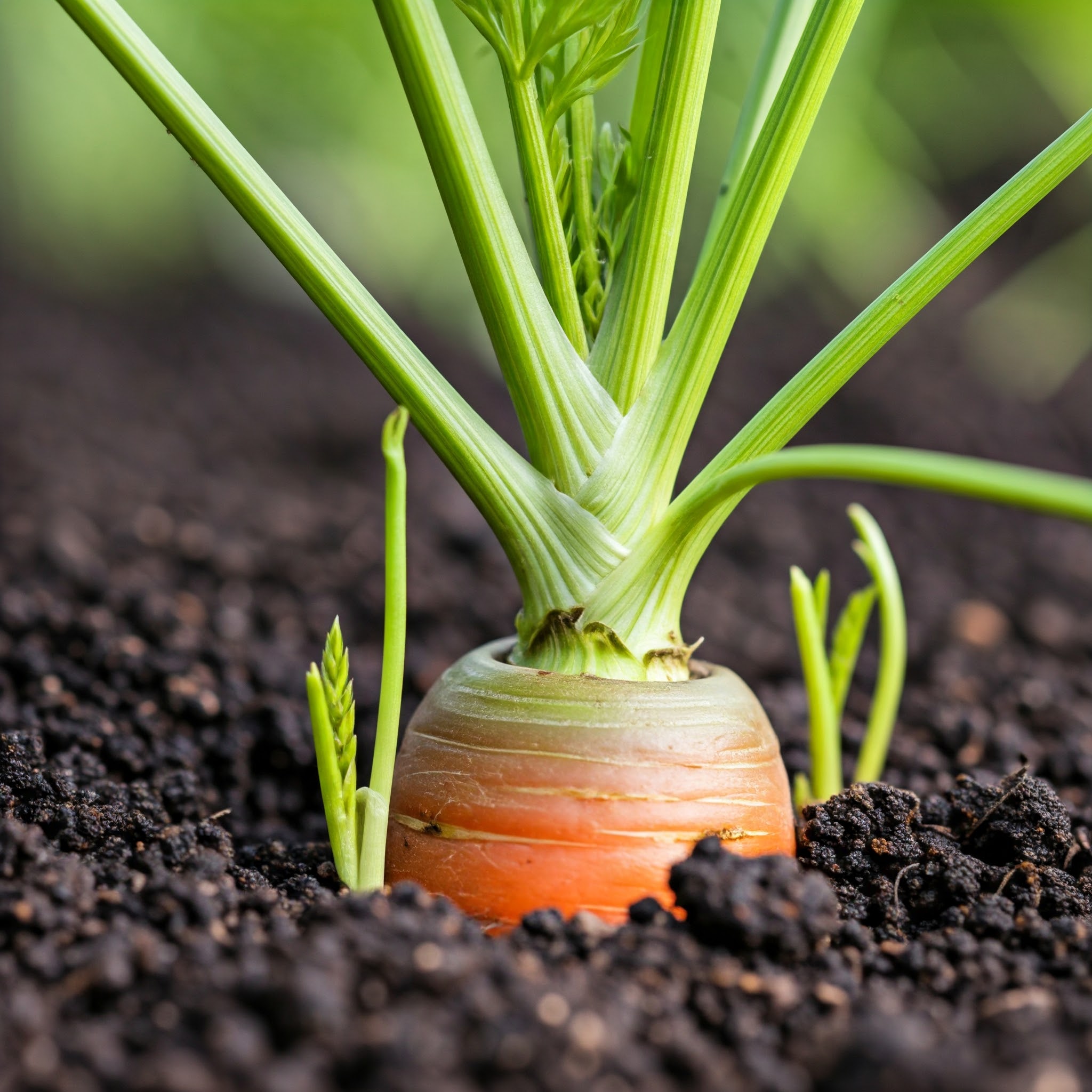 young shoots emerging from the soil around a partially exposed, orange-hued carrot root