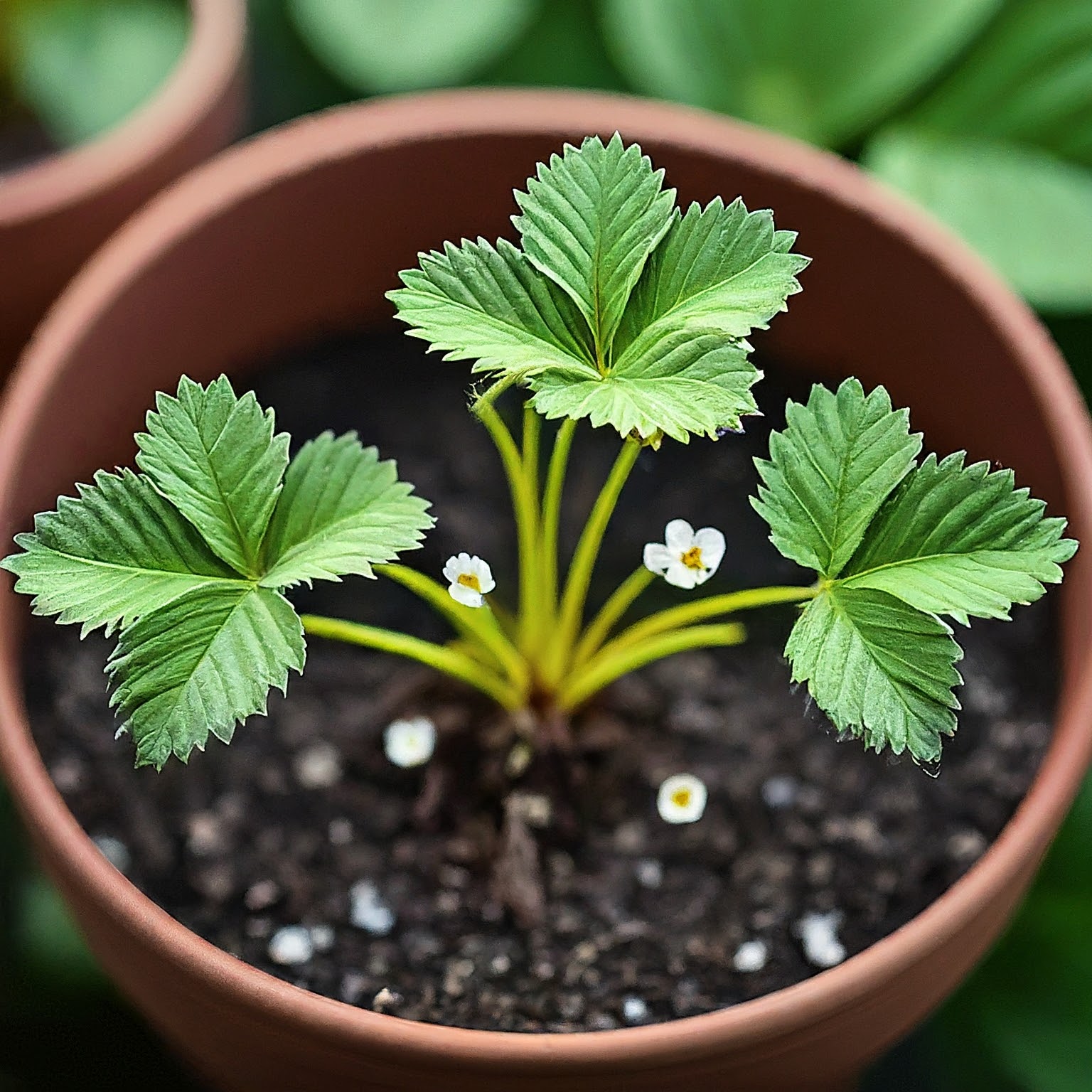 young strawberry plant in a pot